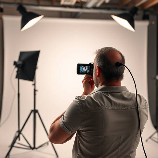 A photographer taking a portrait shot in a studio setting with lighting equipment.
