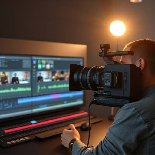 A video editor working on a timeline with various visual effects and audio layers.