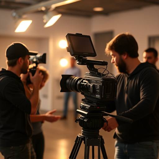 Behind the scenes of a video shoot with professional equipment and crew.