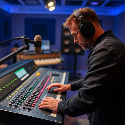 Inside a professional audio recording studio with a sound engineer at the mixing board.
